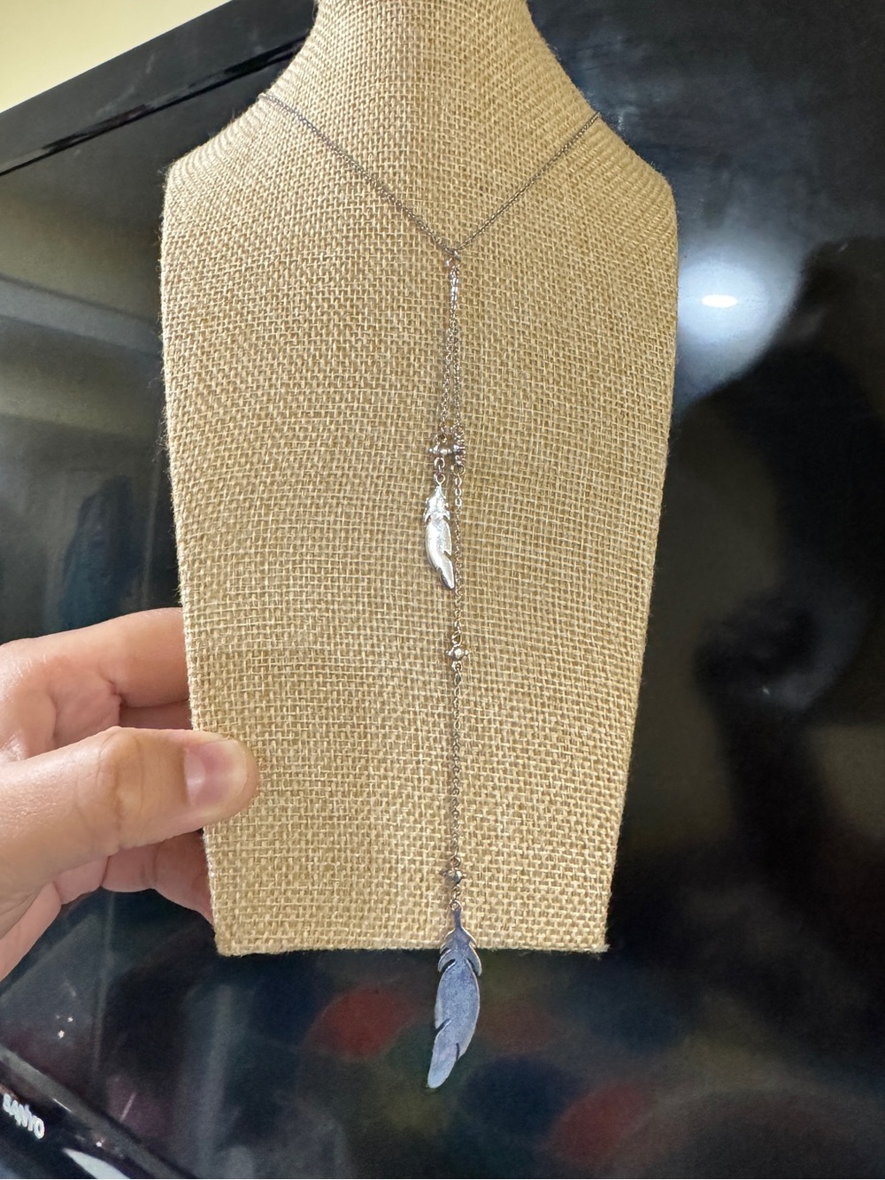 Silver Feather Drop Lariat Necklace - Women Jewelry